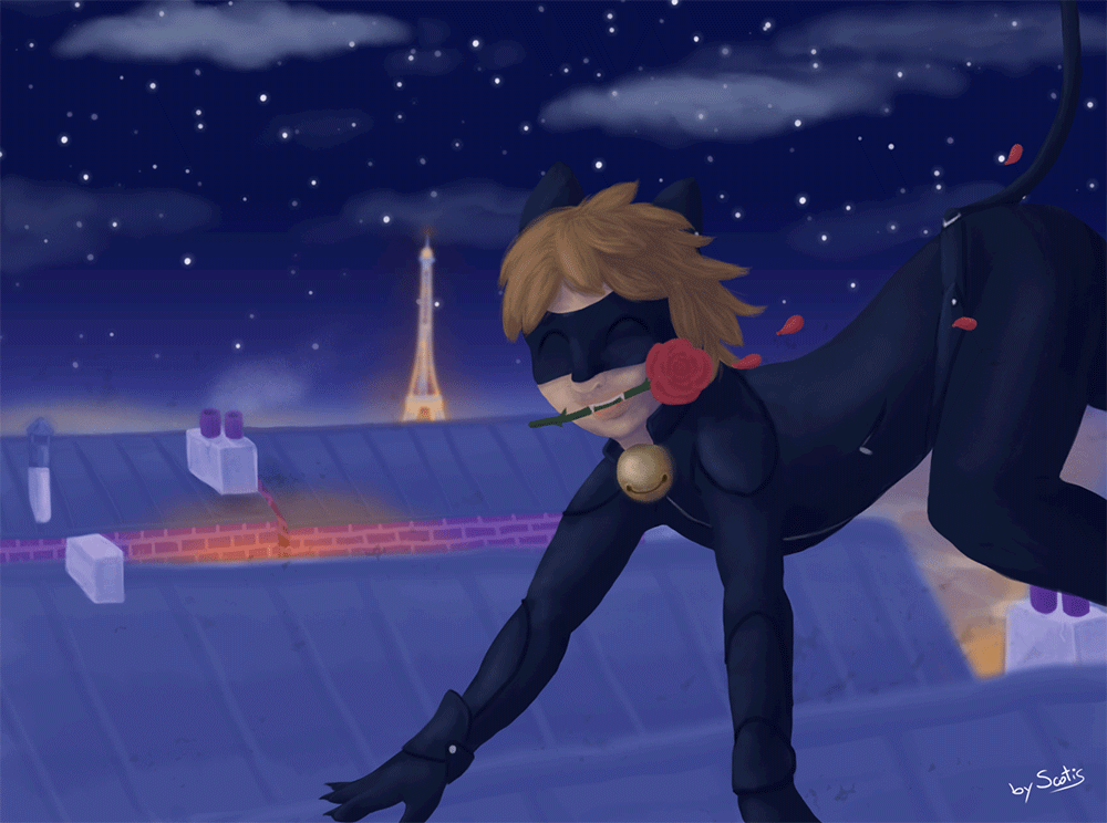 Fan-art de la série Miraculous Ladybug avec Adrien en Chat Noir sur les toits de Paris