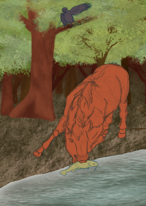 WIP d'une illustration représentant un cheval au bord d'une rivière aidant un poisson