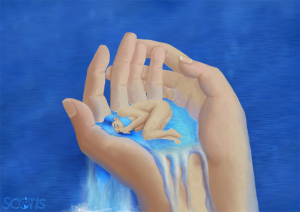 Fée aqueuse endormit dans les mains d'un humain, illustration numérique par Scotis WIP
