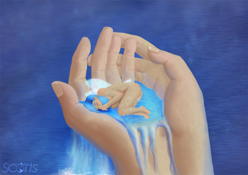 Fée aqueuse endormit dans les mains d'un humain, illustration numérique par Scotis