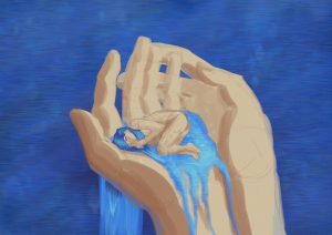 Fée aqueuse endormit dans les mains d'un humain, illustration numérique par Scotis WIP