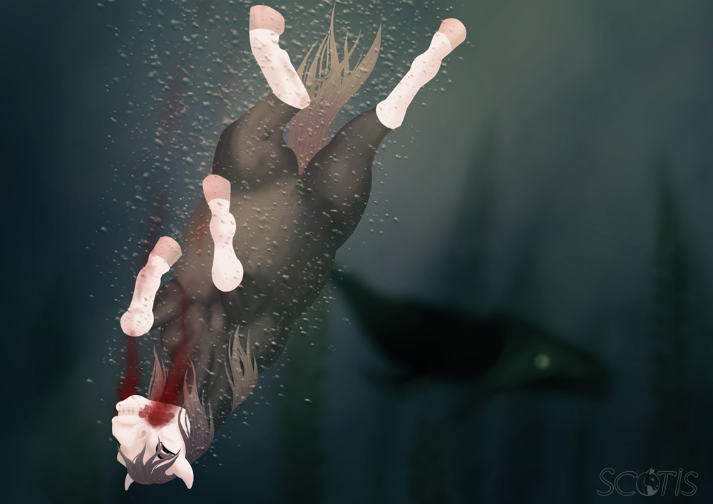 Alekiss, jument alezan se noyant dans les fonds marins, sous le regard d'un requin. Peinture numérique par Scotis