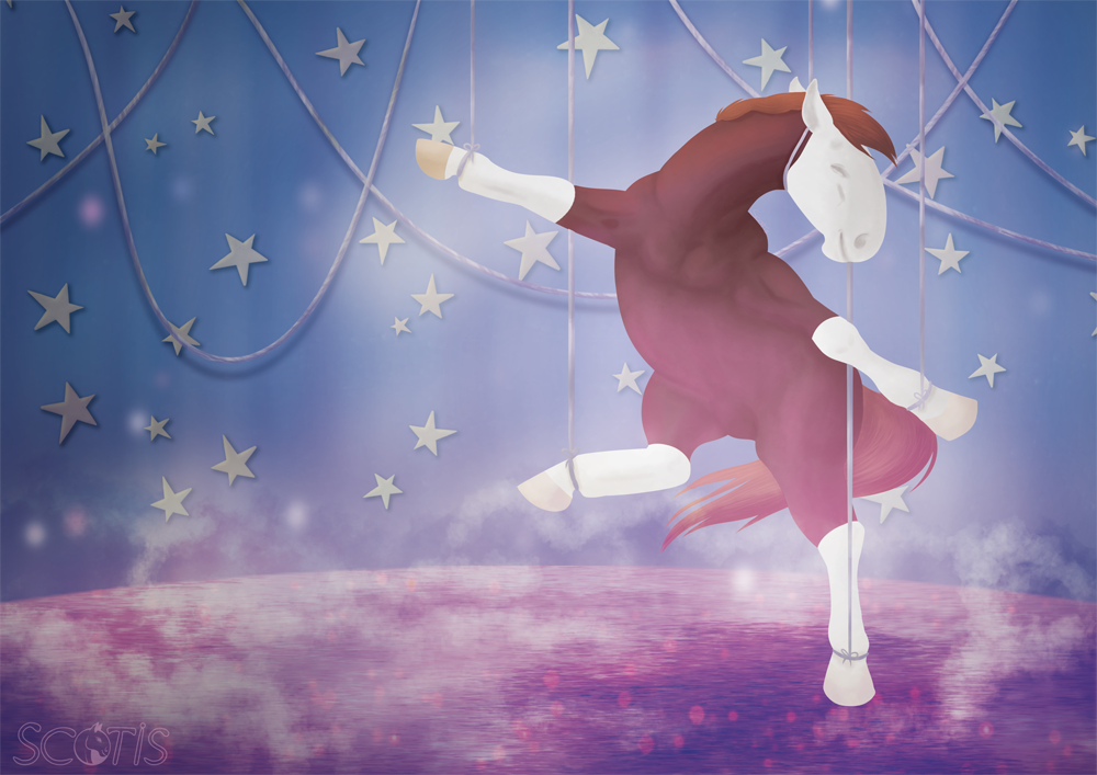 Illustration par Scotis représentant une jument alezan dansant dans une mise en scène de marionnette, sur de la glace