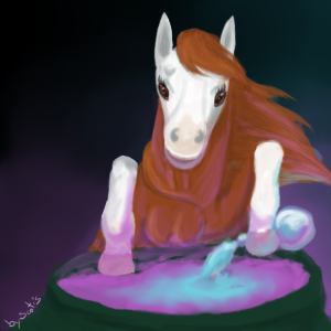Anoukiss, dessin de cheval - Jument alezan faisant une potion magique