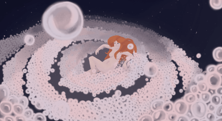 Illustration d'une femme prenant un bain de bulle dans l'espace.