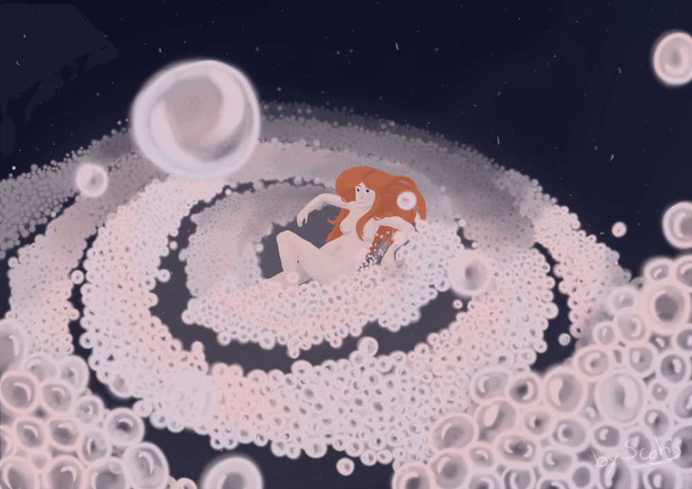 Illustration d'une femme prenant un bain de bulle dans l'espace.