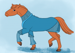 Un cheval alezan dans une robe bleue