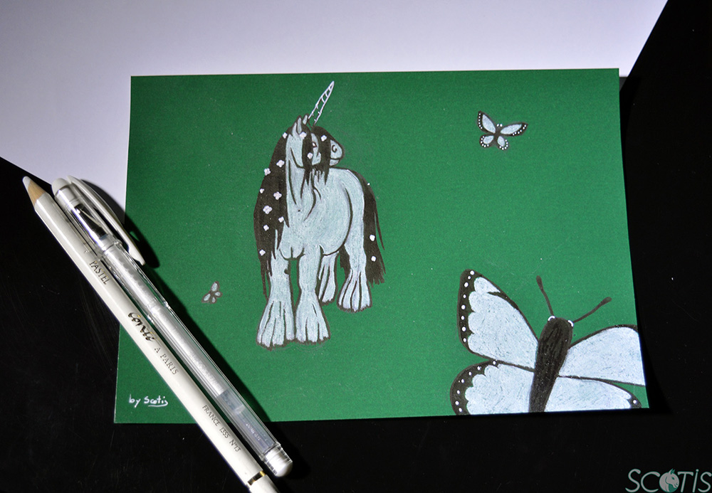 Licorne et papillons, illustration par Scotis