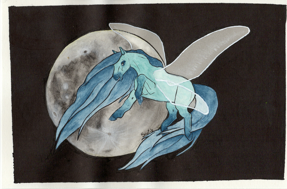 Aquarelle d'un cheval ailé (Pégase) bleu devant une lune sur fond noir