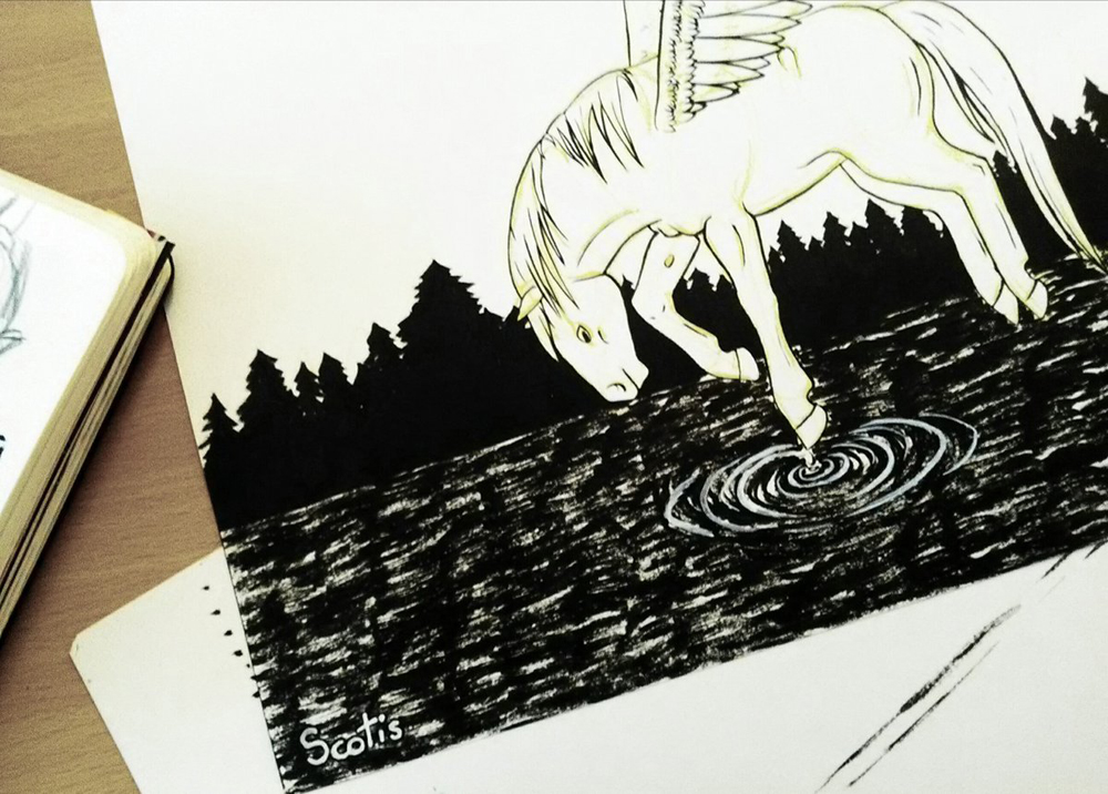 Illustration en cours de réalisation d'un pegase à l'encre de chine