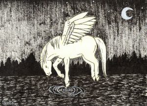 Illustration à l'encre de chine de Charlotte, représentant un pegase au dessus d'eau dans la nuit