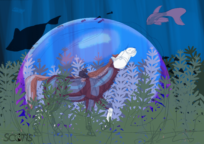 Recherches de couleurs et de composition de l'illustration " Laisse l'océan te rendre libre " par Scotis