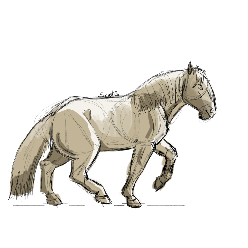Cheval de trait gris au trot, croquis par Scotis