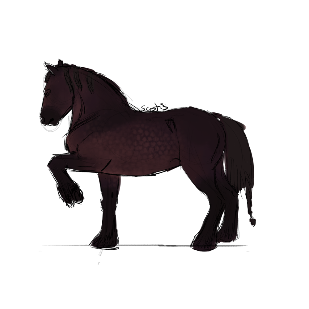 Cheval de trait bai levant un antérieur, croquis par Scotis