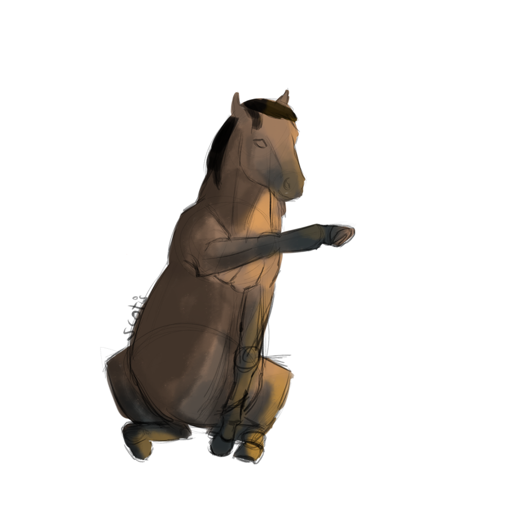 Cheval de selle bai assis faisant une jambette, sketch par Scotis
