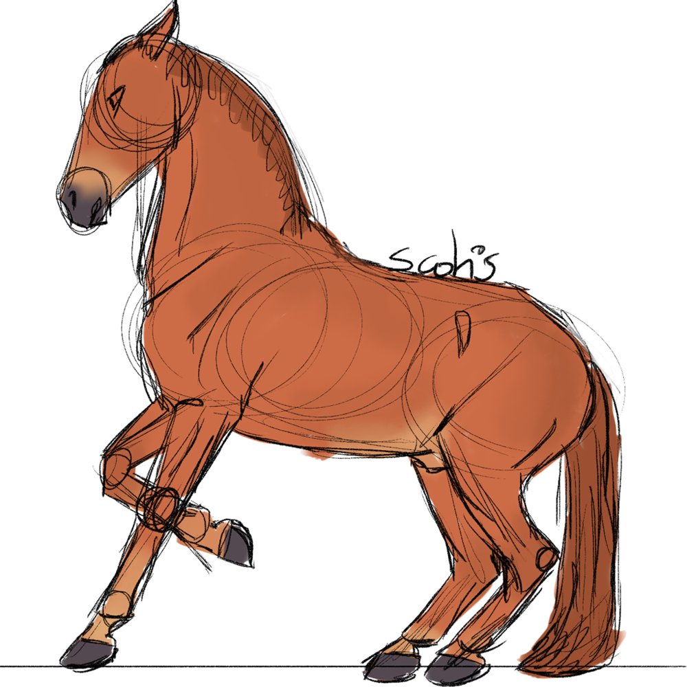 Cheval de selle alezan reculant, dessin par Scotis
