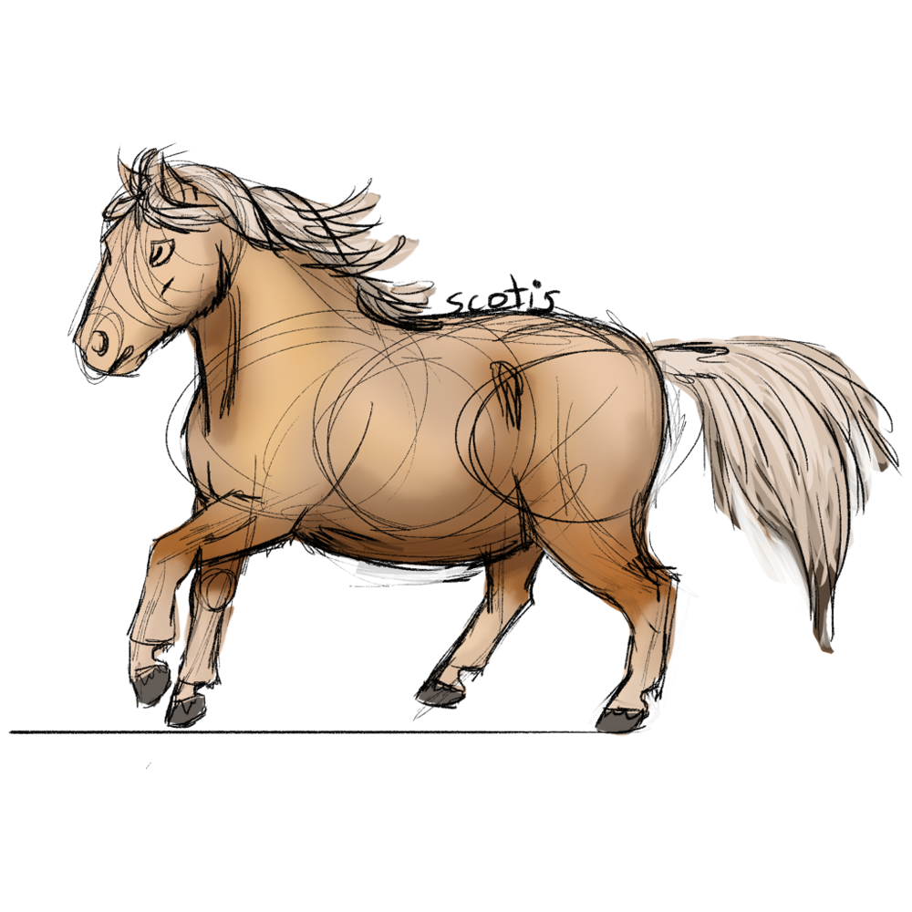 Poney shetland palomino au galop, dessin par Scotis