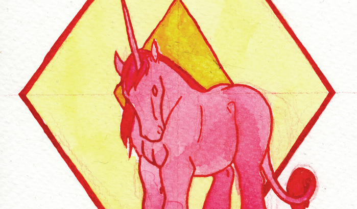 Illustration à l'aquarelle et l'encre représentant une licorne rose sur un fond géométrique jaune par Scotis