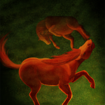 Illustration numérique représentant deux chevaux rouges prit dans un tourbillon, le fond est vert