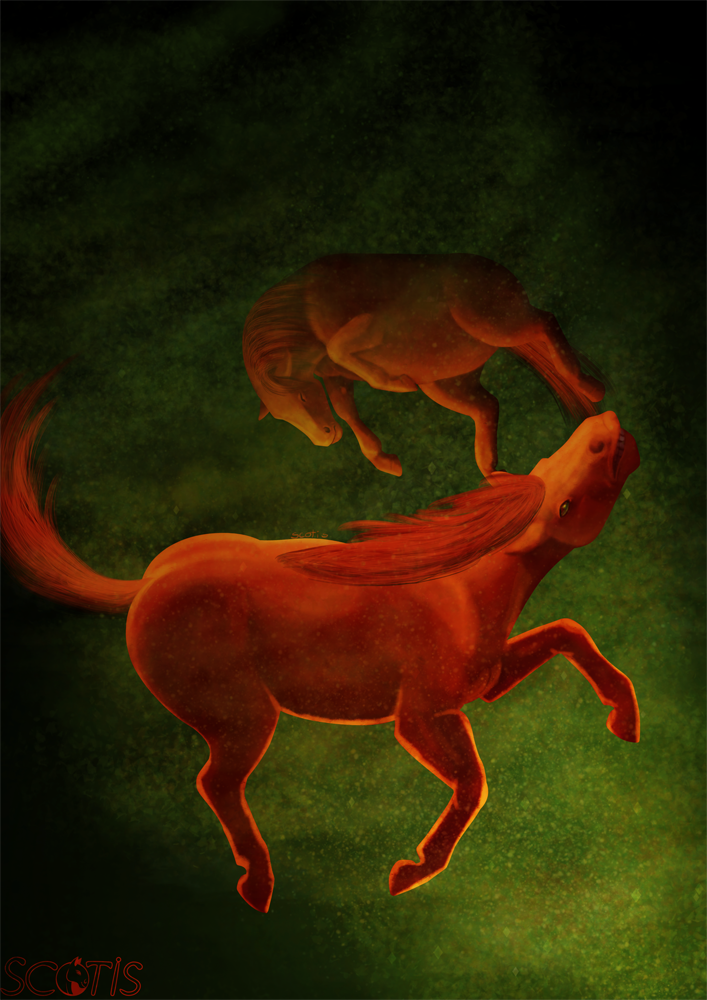 Illustration numérique représentant deux chevaux rouges prit dans un tourbillon, le fond est vert