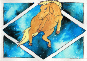 Aquarelle par Scotis représentant un cheval palomino flottant dans l'air, en fond une forme géométrique représentant une fenêtre, les vitres sont une galaxie bleues avec une myriade d'étoile