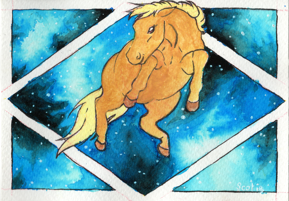 Aquarelle par Scotis représentant un cheval palomino flottant dans l'air, en fond une forme géométrique représentant une fenêtre, les vitres sont une galaxie bleues avec une myriade d'étoile