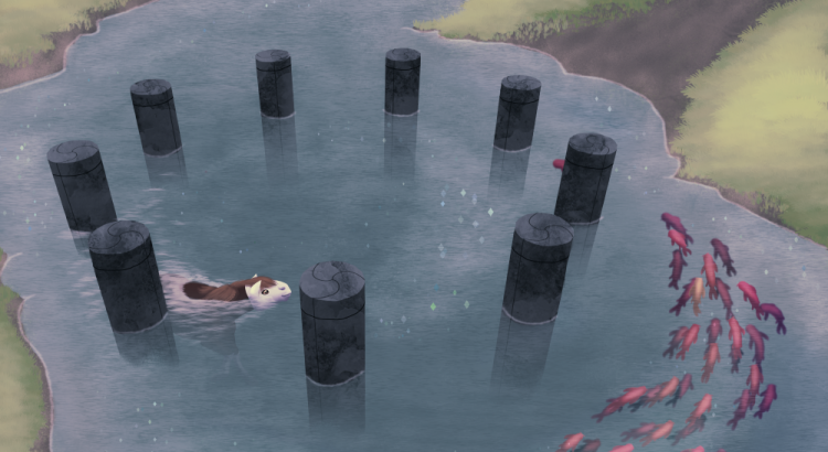Illustration numérique de Scotis représentant un cheval nageant dans un lac avec des poissons, au centre d'un cercle de pierre taillée