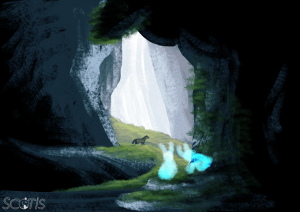Grotte éclairé par le soleil, pleine d'herbe où se balade un cheval sous les yeux d'esprits lumineux.