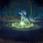 Illustration par Scotis (Charlotte Leclère) nommé Désolation, représentant un cheval appaloosa réalisant un cercle de transmutation au coeur d'une forêt et d'un lac