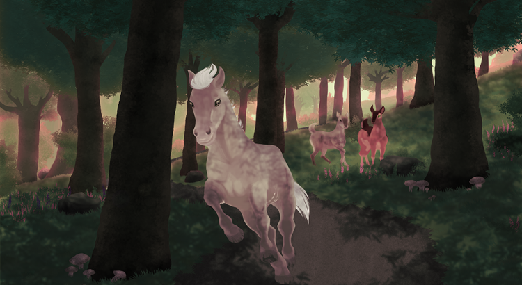 Cheval champagne galopant dans la forêt. Des biches l'observant. Illustration numérique de Scotis.